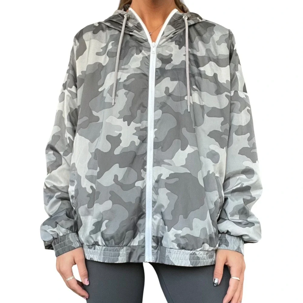 Pink Republic Womens XL Grey Camo Full Zip Hooded Lightweight Windbreaker Jacket